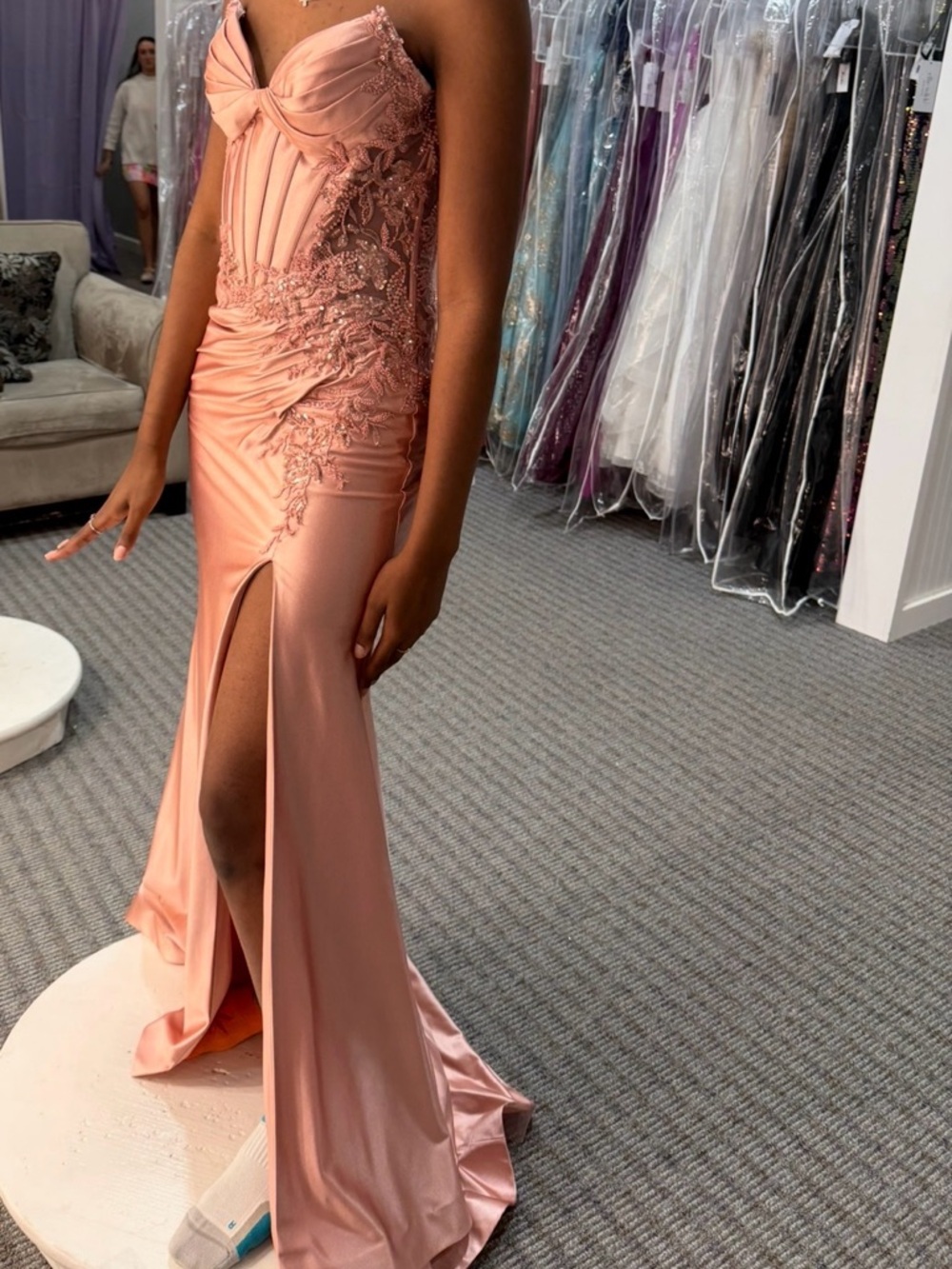 Blush Pink Satin Evening Gown with Lace Appliqué